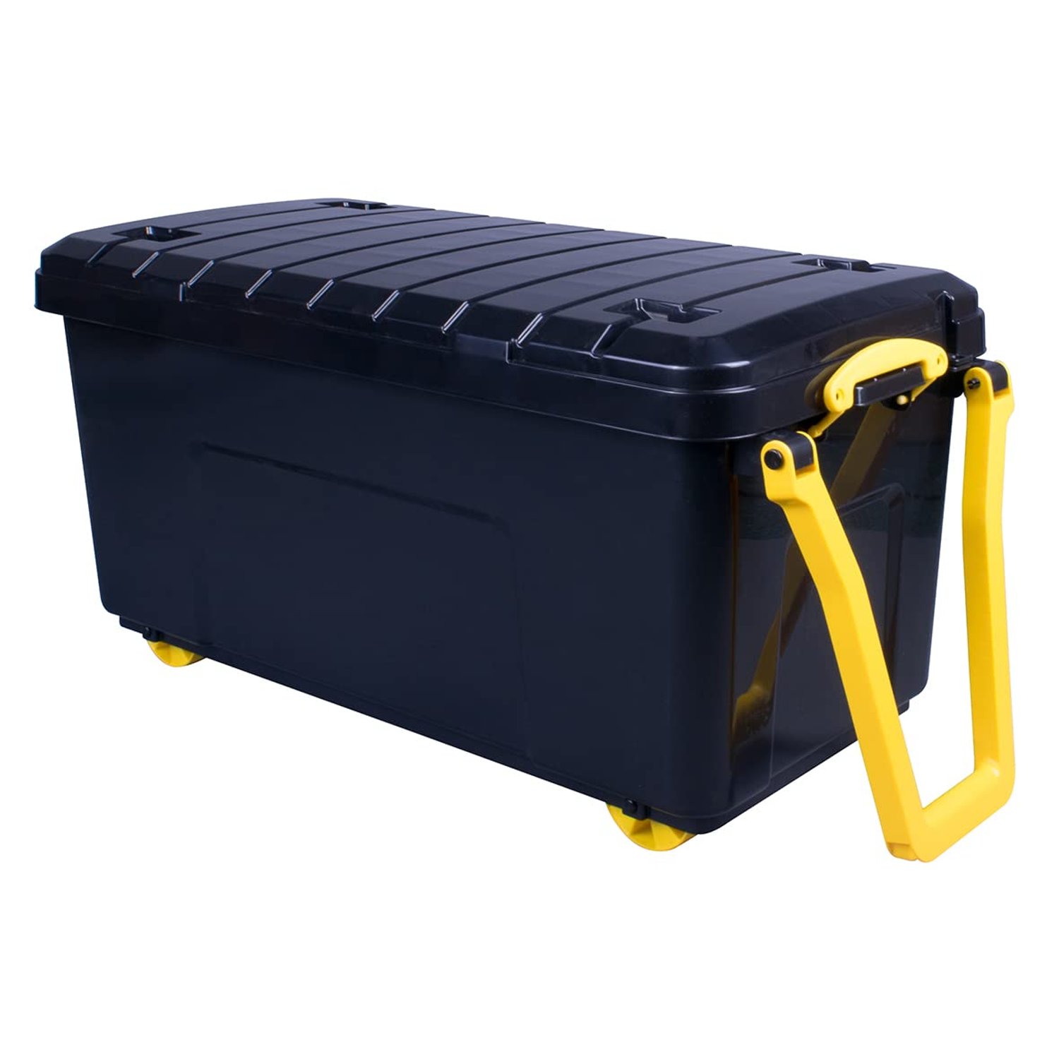 Really Useful Plastic Storage Box 160 Litre Wheeled trunk in Black (Yellow Wheels+Handles)