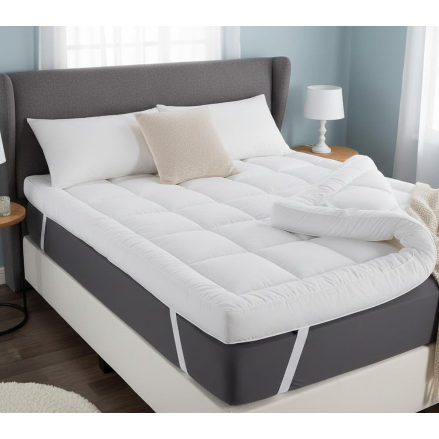 Adam Home Microfiber Quilted Mattress Topper Double Bed 4 Inch / 10cm Fluffy and Hypoallergenic, Thick White, Hotel Quality Extra Soft, Stronge Elasticized Corner Straps (135 x 190 + 10cm)