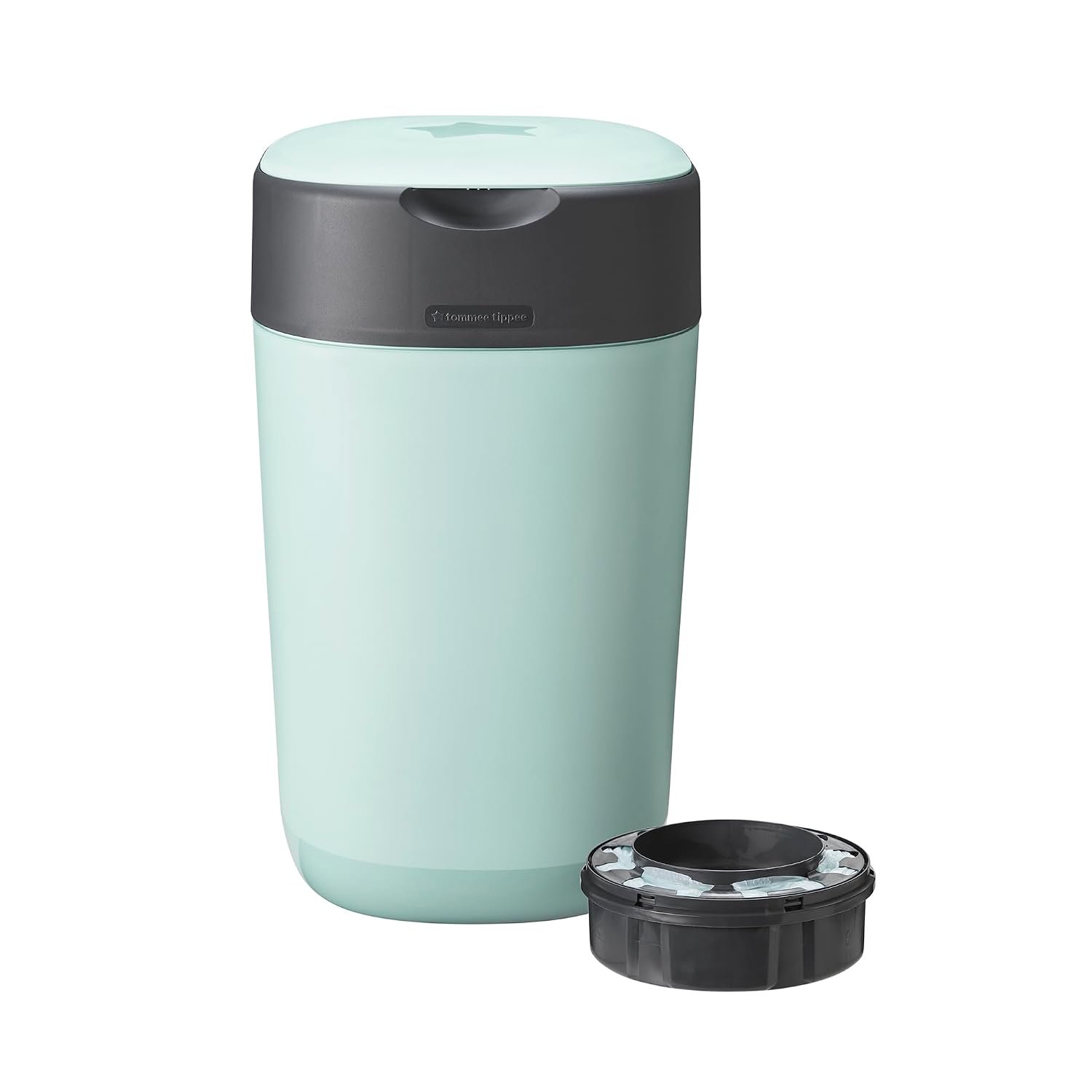 Tommee Tippee Twist and Click Nappy Bin, Includes 1x Refill Cassette with Multilayer, Antibacterial Film, 100 percent Recycled Chassis, Green