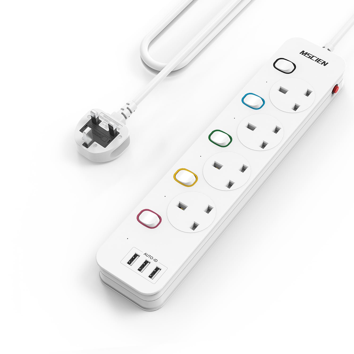 Mscien 4M Extension Lead with USB Slots, 4 Way 3 USB Extension Socket with Individual Switches Mountable Power Strips with 4 Meters Extension cable 3250W