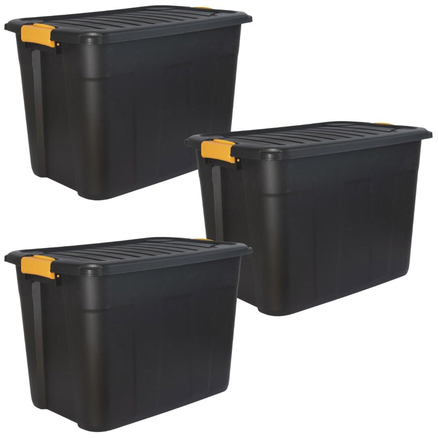 DANIEL JAMES Housewares Heavy Duty Storage Box with Lid - Large Plastic Stackable Storage Boxes with Clip Handles - Lockable BPA Free Indoor Outdoor Garage Storage Trunk Box - 3 Pack, Black, 20l