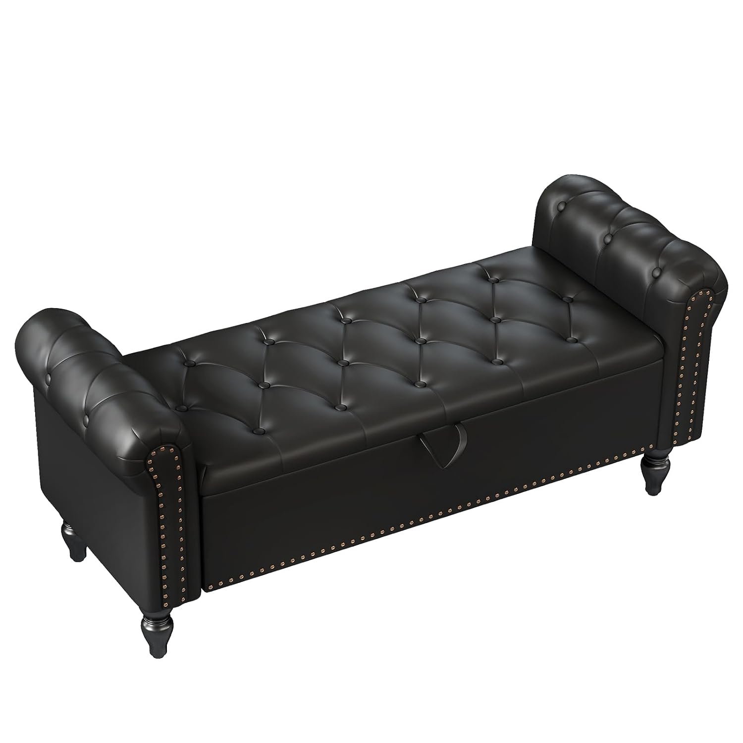 Ckaff Storage Ottoman Bench, Leather Benches End of Bed Bench with Solid Wood Legs Upholstered Ottoman Bench with Storage Indoor Bench for Living Room with Rolled Arm, Entryway, Black, 132CM