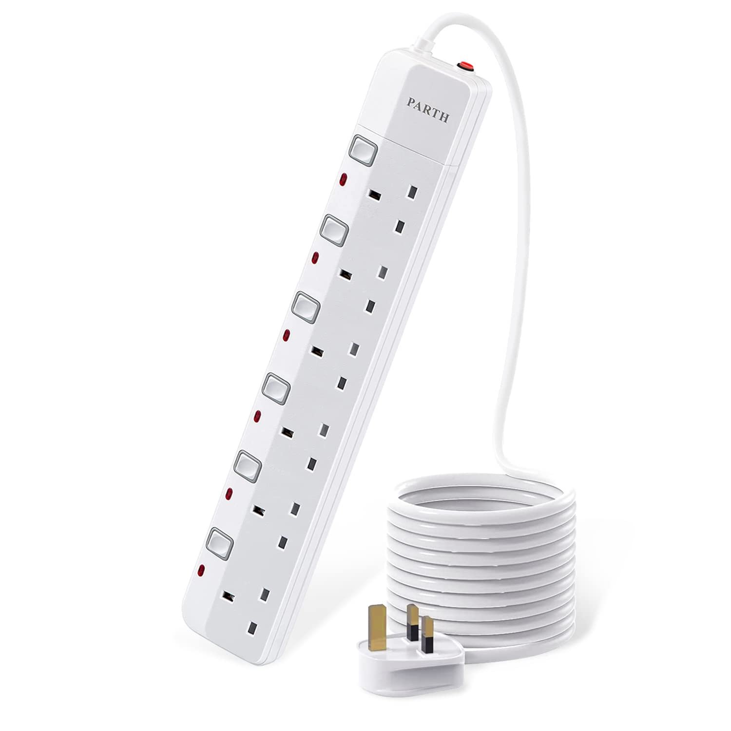 PARTH Surge Protected Extension Lead 3m Cable - 6 Way Surge Protection Multi Plug Extension with Individual Switches - UK Sockets Wall Mounted Power Strip 13A/3250W for Home, Motorhome, Travel, Office