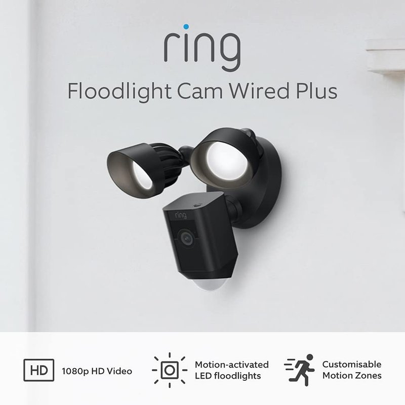 Certified Refurbished Ring Floodlight Cam Wired Plus by Amazon | Outdoor Security Camera 1080p HD Video, LED Floodlights, Siren, Wifi, Hardwired | alternative to CCTV system | Black
