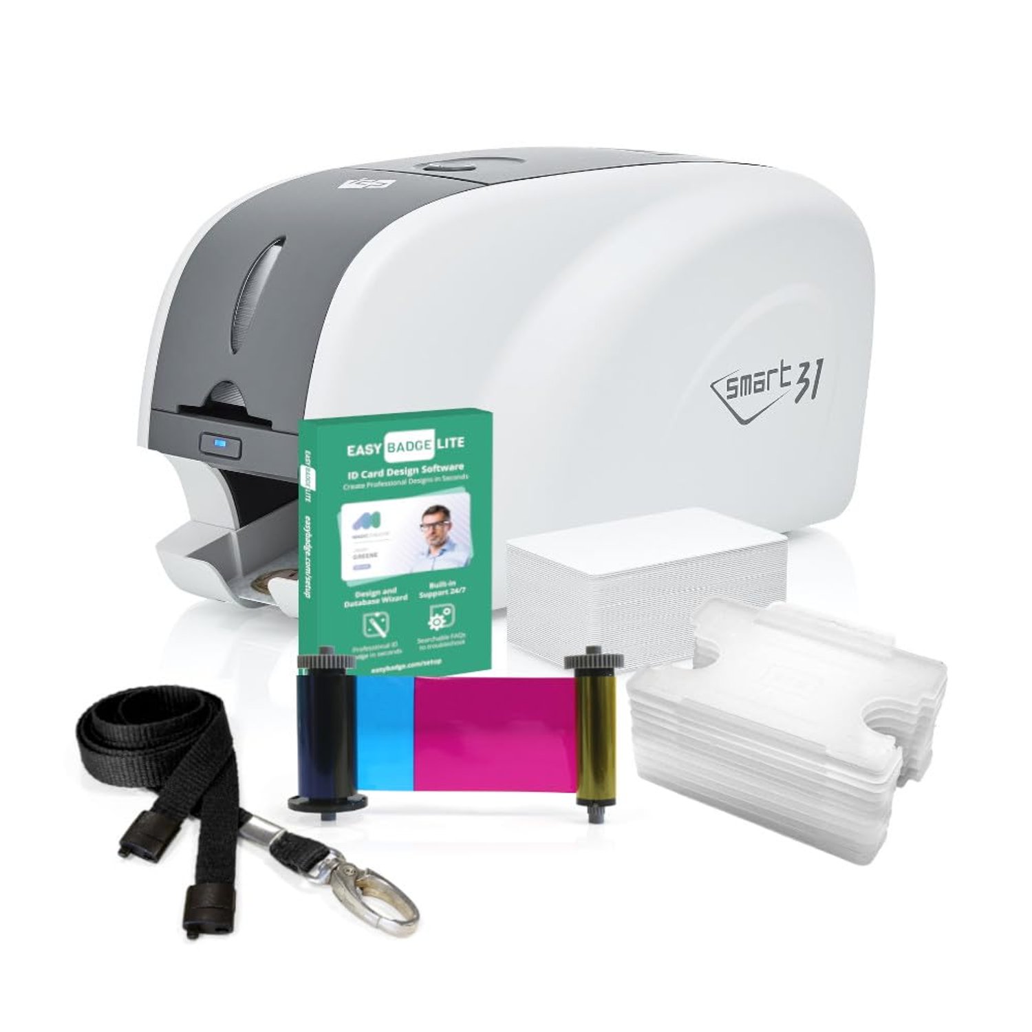 EasyBadge IDP Smart 31 ID Card Printer Bundle with ID Badge Accessories and Card Holders with Lanyards