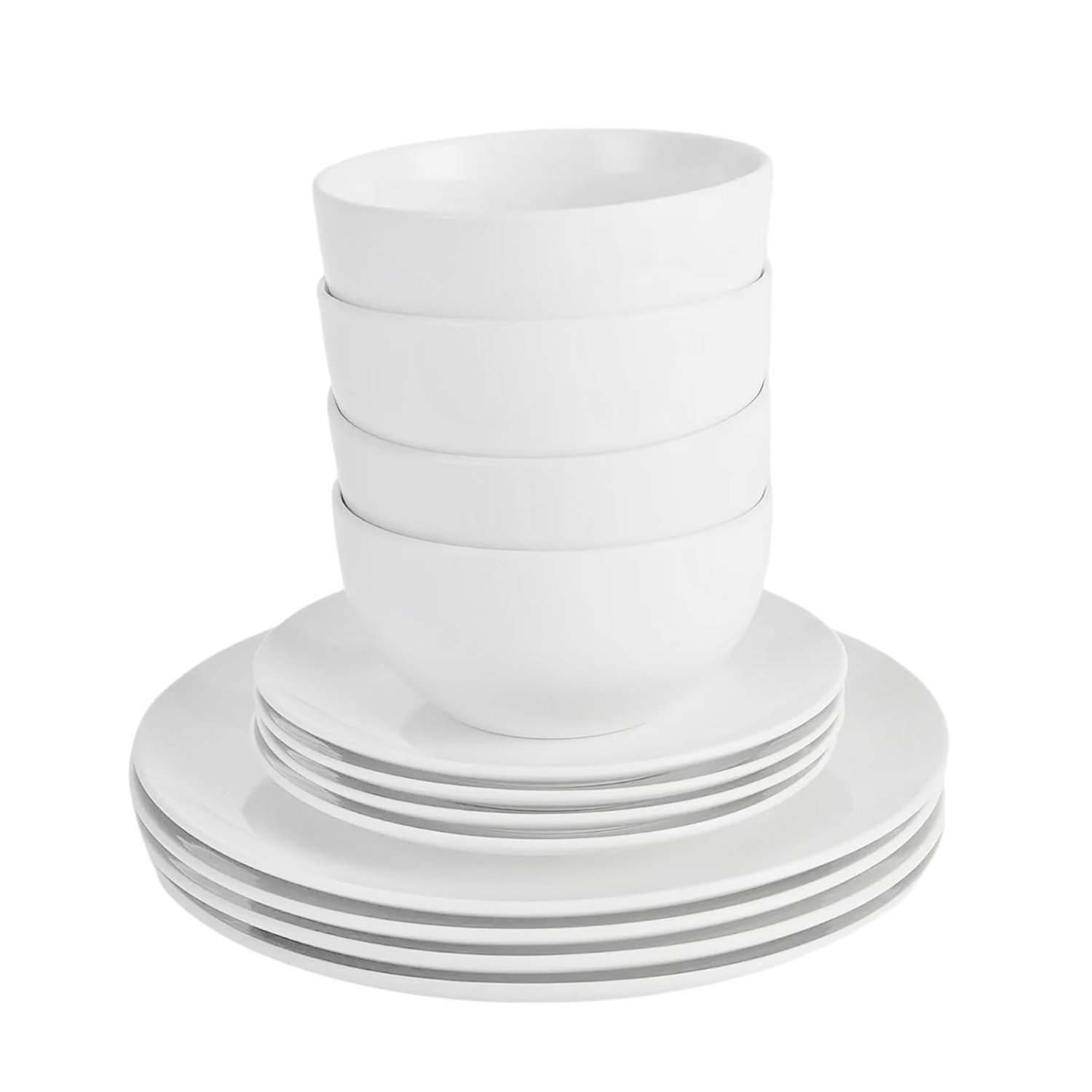 12PC Dinnerware Porcelain White Set: 4 Dinner Plates, 4 Side Plates & 4 Bowls. Dishwasher & Microwave Safe.