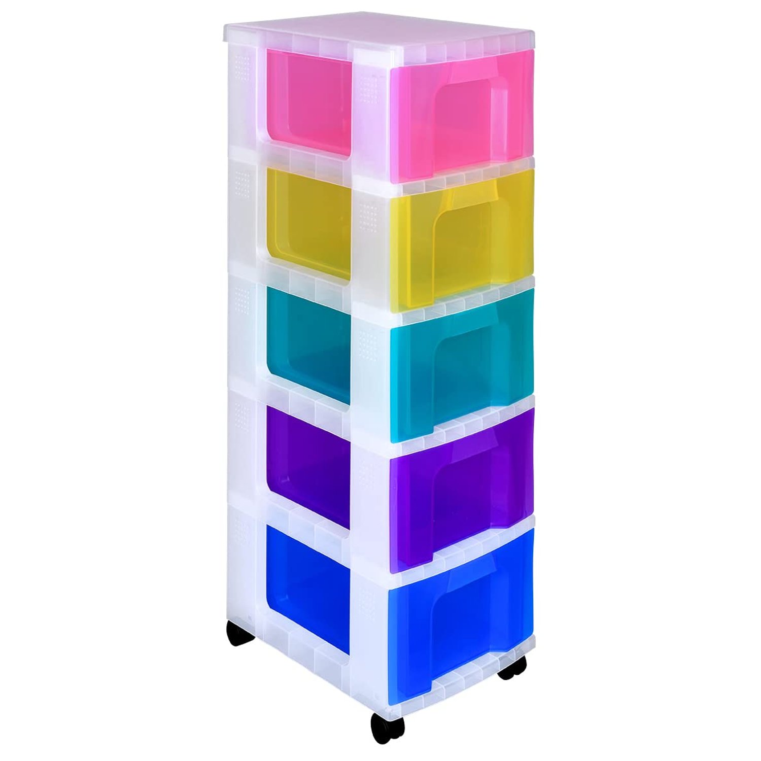 Really Useful Box Plastic Storage Unit 5 X 12 Litre Clear Frame / Rainbow Drawers