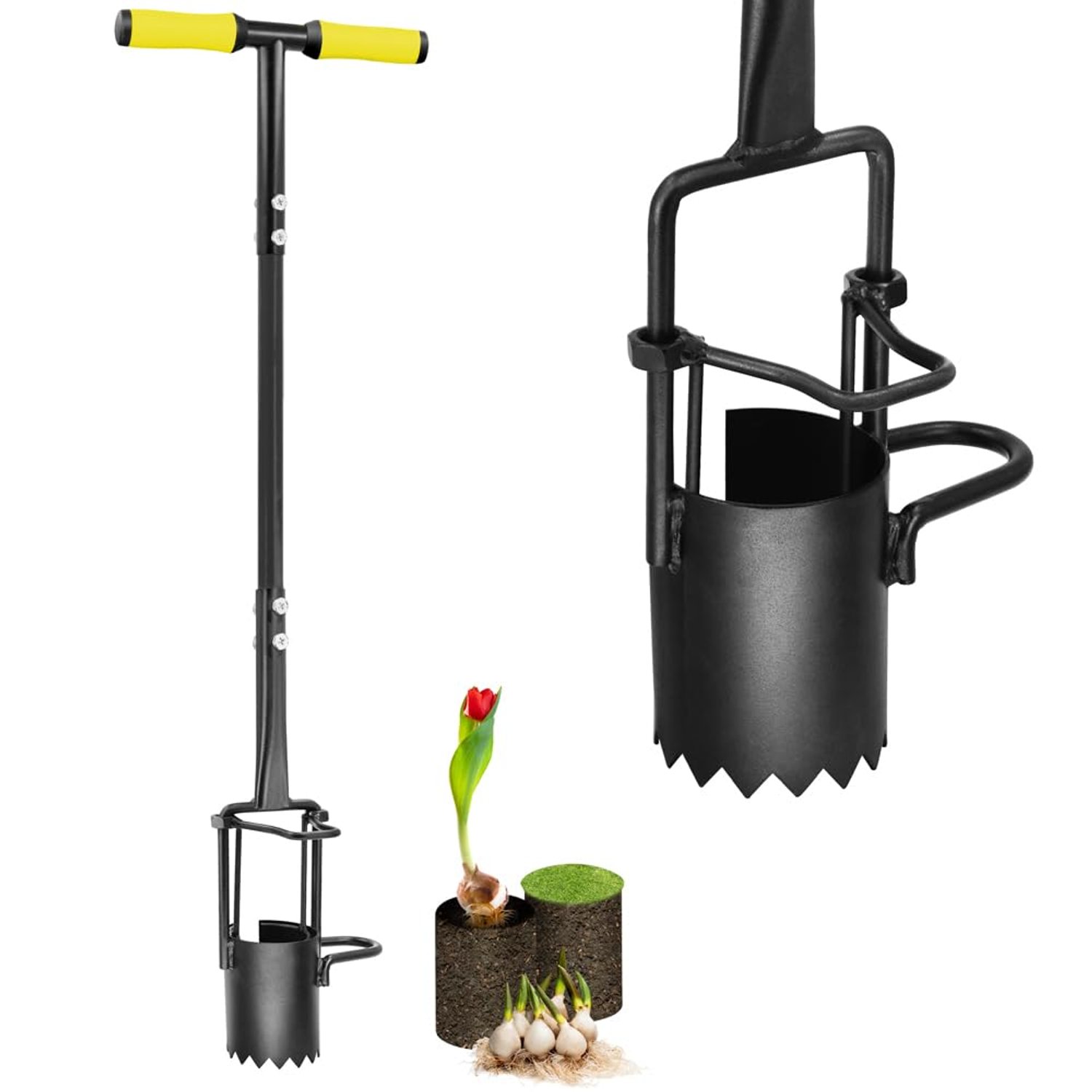 Colwelt Bulb Planter Tool Long Handle, Serrated Base Bulb Planters Gardening Bulb Transplanter with Soft Grip, Heavy Duty Sod Plugger for Digging Holes to Plant Tulips, Iris, Daffodils
