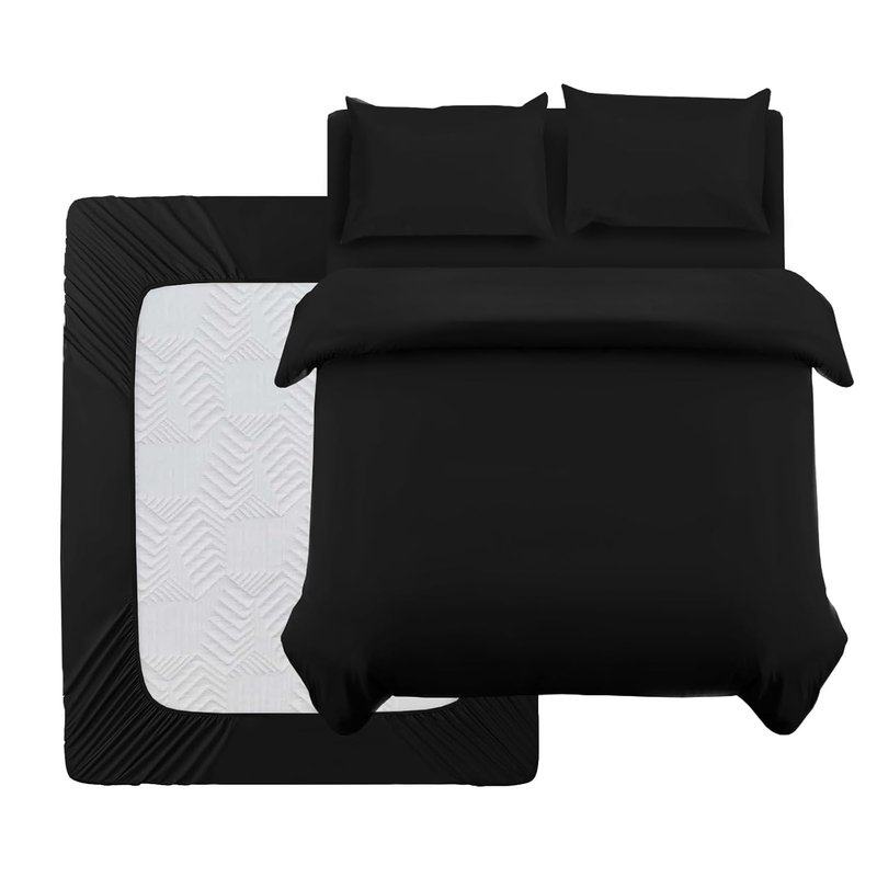 Oxford Homeware Double Duvet Set Black Brushed Microfiber 4 Piece Double Bedding Set with Fitted Sheet and Pillowcases Soft Breathable Duvet Cover Sets
