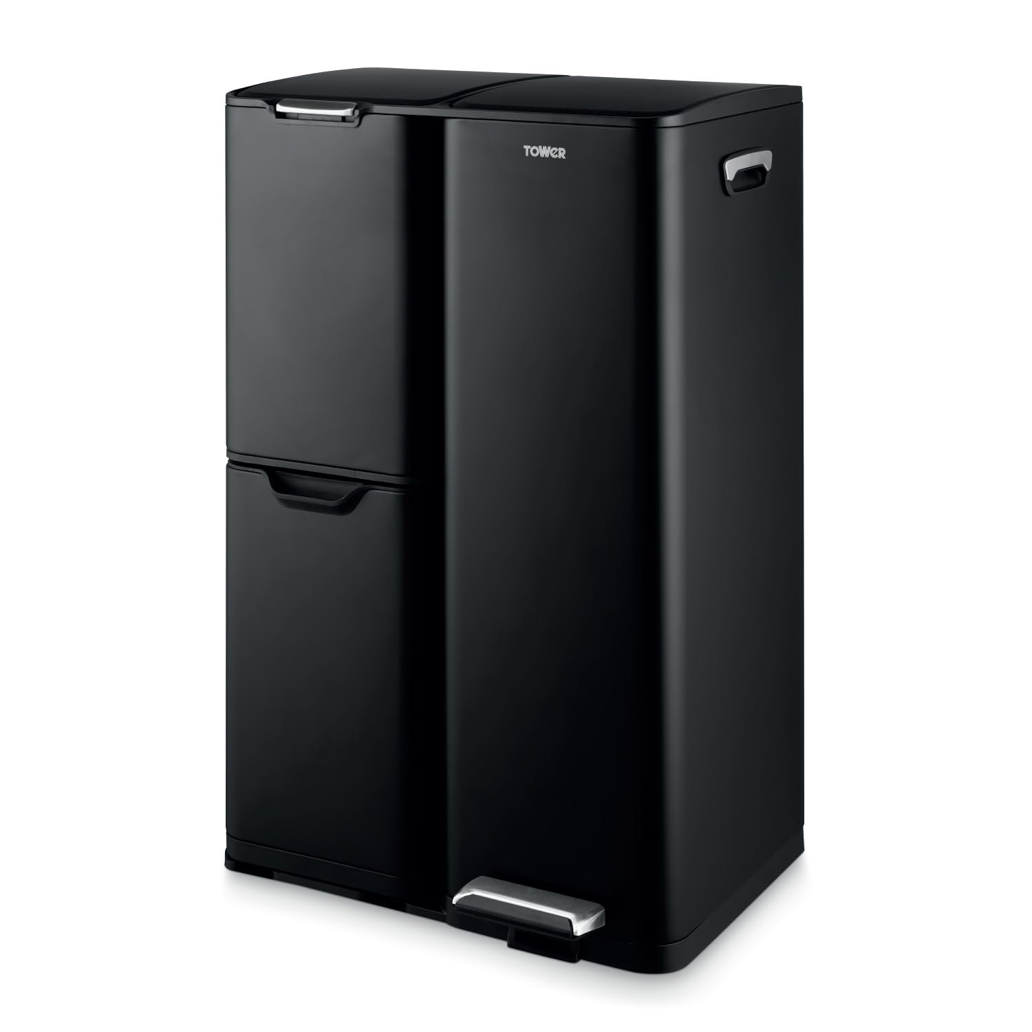 Tower Recycling Pedal Bin, Three Individual Compartments with Removable Inner Buckets, Carbon Steel Body, 60L, Black