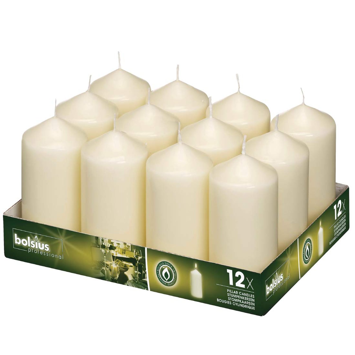 Bolsius Tall Pillar Candles 120 mm (Pack of 12), Ivory, Size: 58(Dia) x 120(H)mm, Up to 39 Hours Burn Time per Candle, Low Smoke Wax, DB087