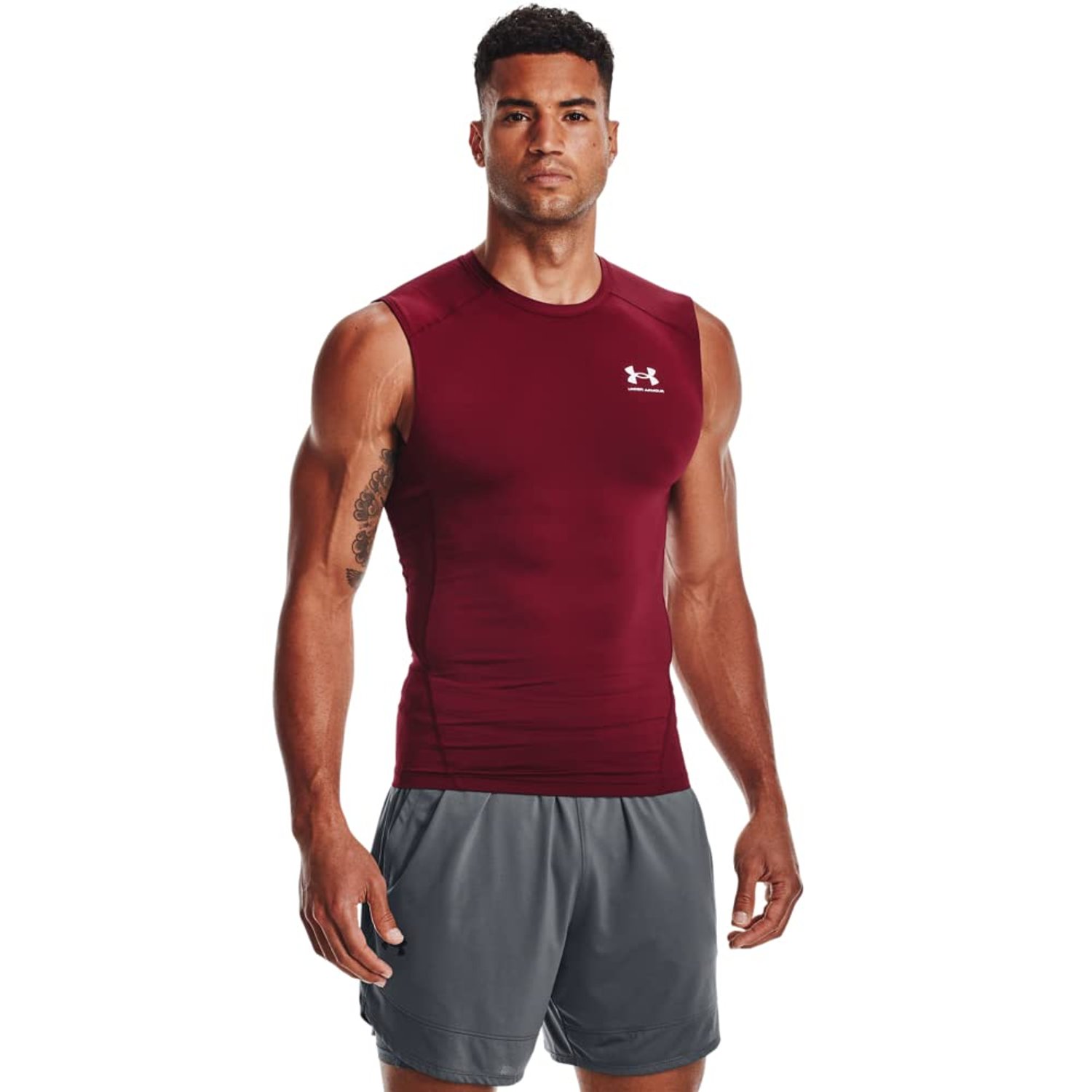 Under Armour Men's HeatGear Compression Sleeveless T-Shirt, Cardinal/White, L