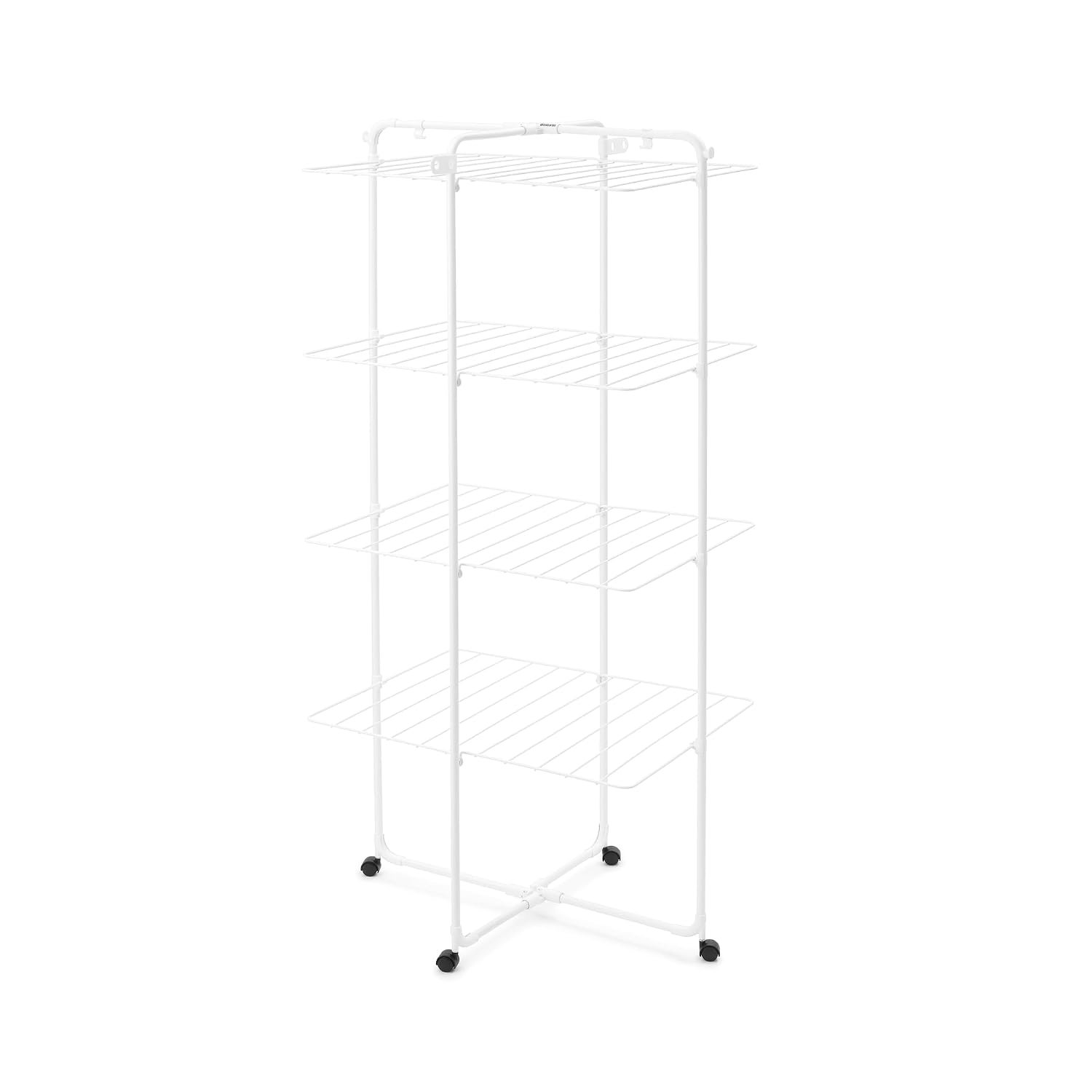Brabantia HangOn Tower Drying Rack, 30m (White), Tall Foldable Clothes Rack, Space-Saving Laundry Drying Stand with Wheels and Hooks