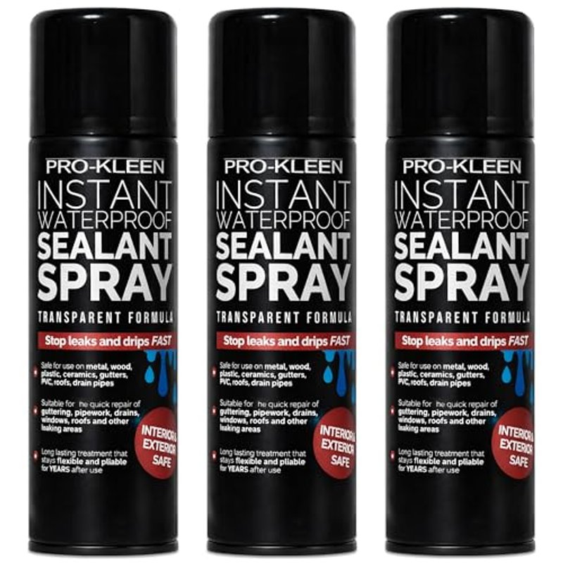 Pro-Kleen Instant Waterproof Sealant Spray - Tough Leak Sealant Spray for Roofs, Pipes, Guttering & More - Transparent & Long-Lasting Formula - Instant Emergency Repair (3 x 400ml)