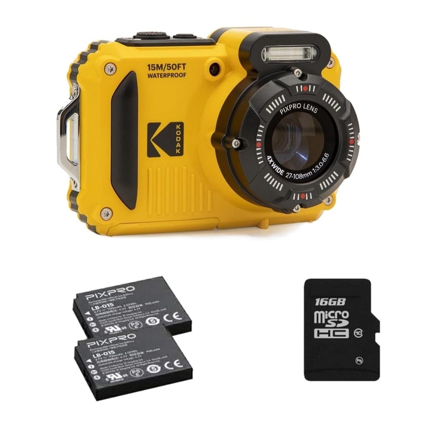 KODAK Pixpro WPZ2 Pack + 2 Batteries + 1 SD Card - 16M Pixel Compact Digital Camera, Waterproof to 15m, Shockproof, 720p Video, 2.7" LCD Screen - Li-ion Battery - Yellow