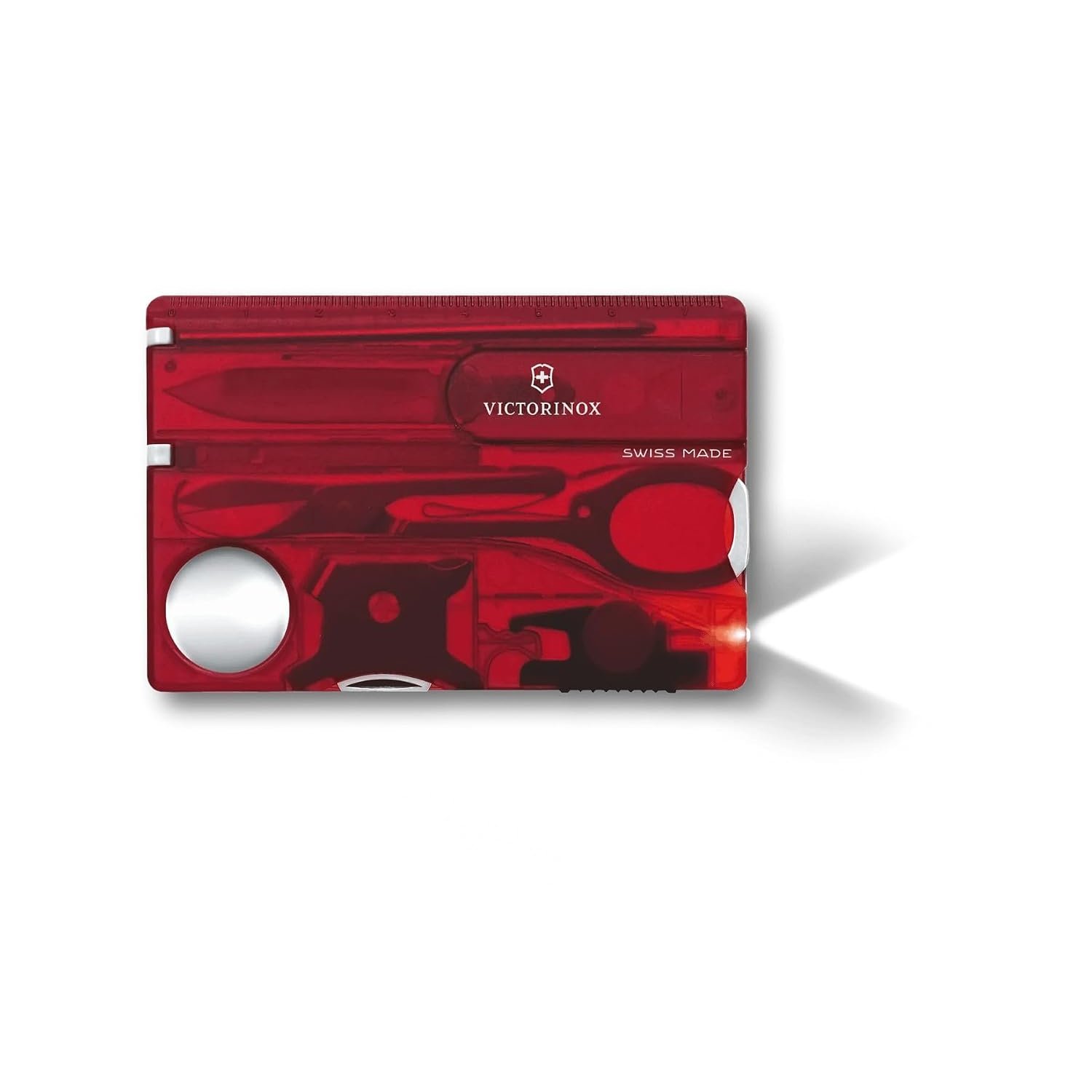 Victorinox Swiss Card Lite, Swiss Made Pocket Tool, 13 Functions, LED, Magnifier, Red Transparent