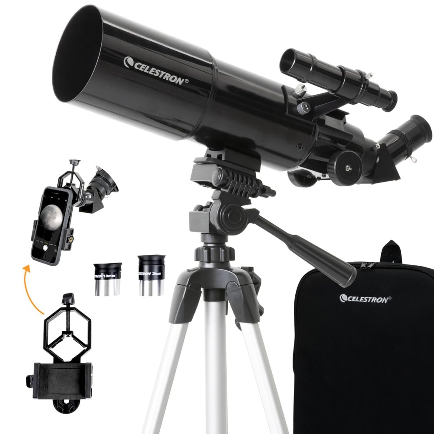 Celestron 22030 Travel Scope Portable Refractor Telescope with 80mm lens, Fully-Coated Glass Optics, Bonus Astronomy Software Package and Digiscoping Smartphone Adapter
