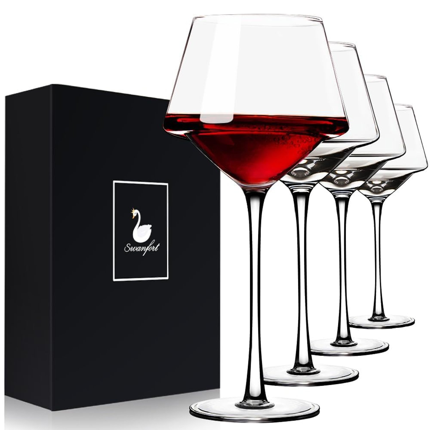 Swanfort Red Wine Glasses Set of 4, 460ml Elegant Long Stem Wine Glasses in Gift Box, Premium Glassware for Wedding, Anniversary, Birthday Gifts