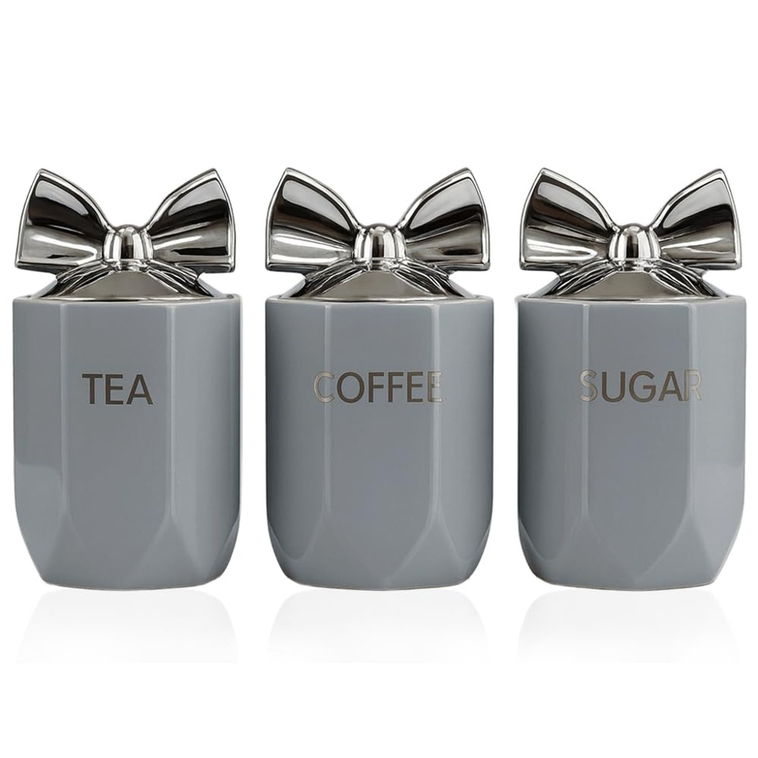 BMLIMITED BML Ceramic Tea Coffee Sugar Canisters Set Airtight Kitchen Storage Jars Decorative Countertop Canister Set with Silver Bow Lids Ideal Housewarming Gift & New Home Kitchen Accessory