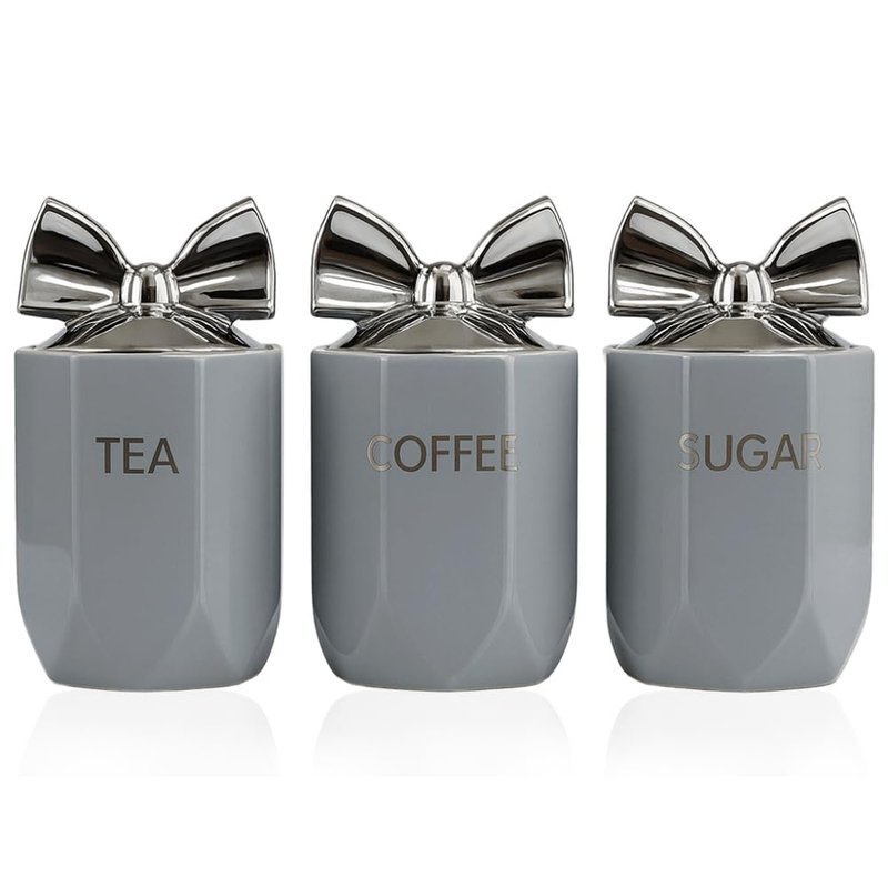 BMLIMITED BML Ceramic Tea Coffee Sugar Canisters Set Airtight Kitchen Storage Jars Decorative Countertop Canister Set with Silver Bow Lids Ideal Housewarming Gift & New Home Kitchen Accessory