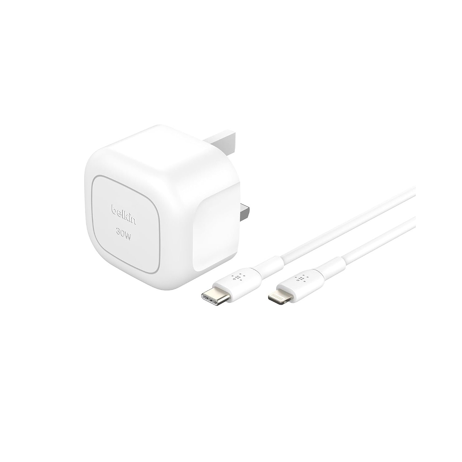 Belkin BoostCharge Compact Wall Charger 30W, Travel-friendly USB-C Power Delivery Fast Charging for Apple iPhone, iPad, AirPods, Tablet & More with USB-C to Lightning Cable - White