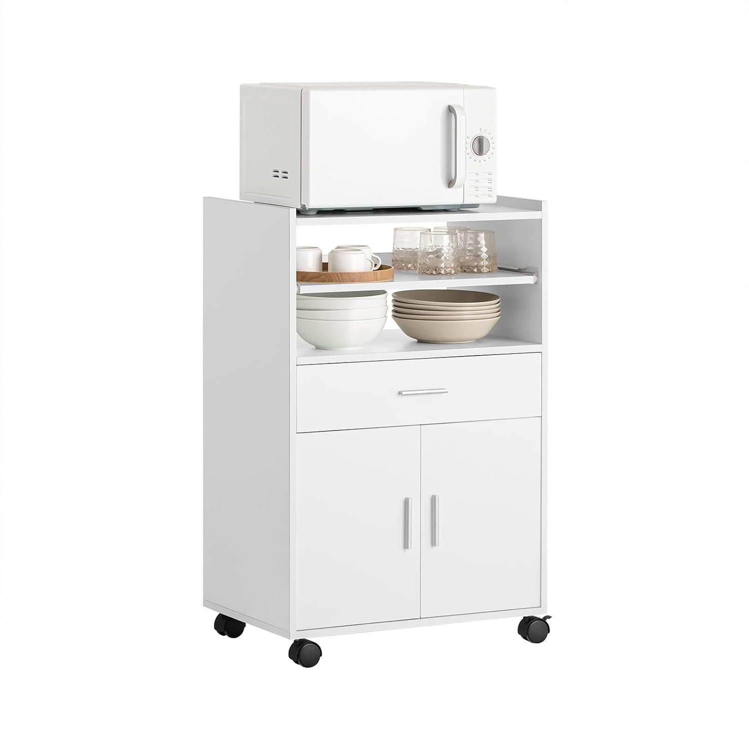 SoBuy Kitchen Trolley Kitchen Island with Wheels Microwave Stand Storage Unit Coffee Station Cabinet Small Mobile Cart Cabinet for Home, Office or Dining Room 92x59x40cm, White FSB09-W