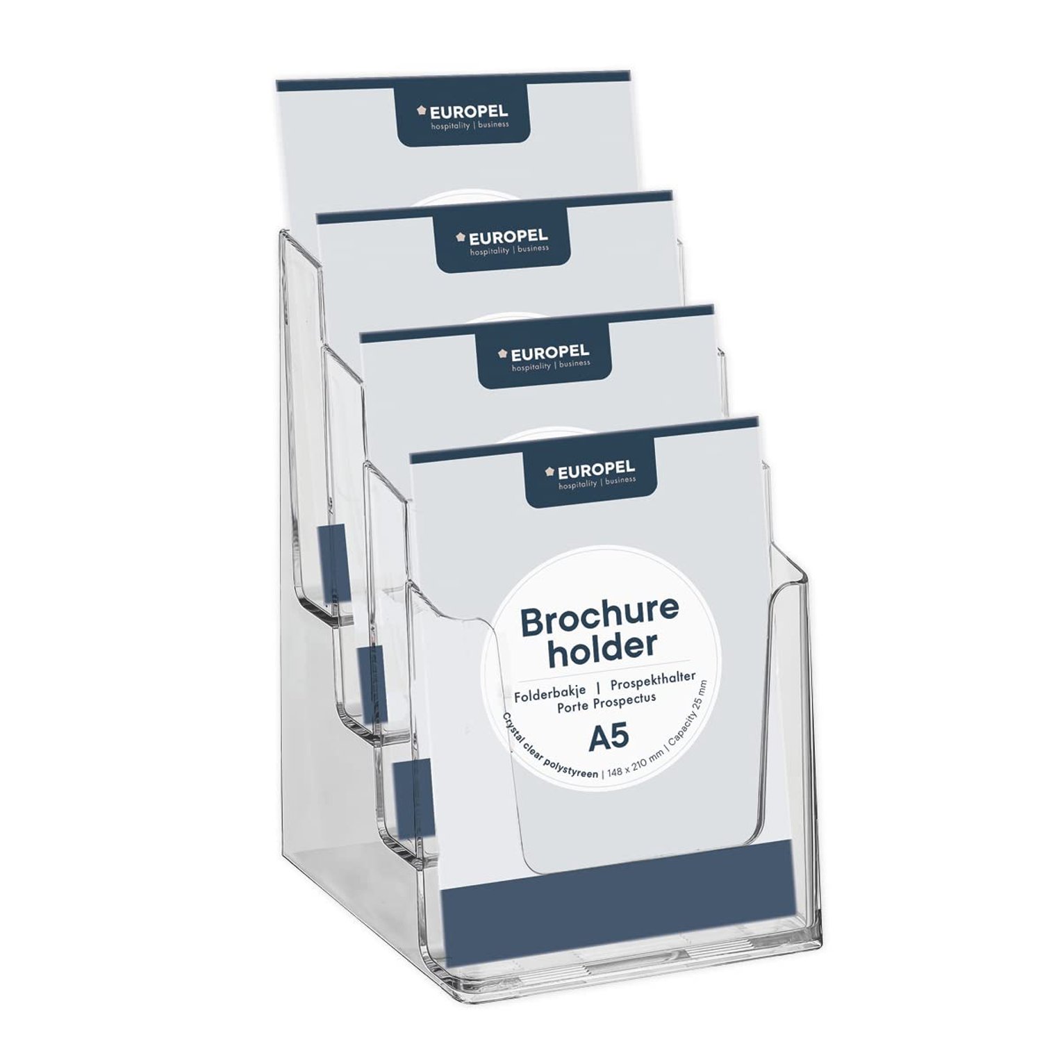 EUROPEL 4-Tier A5 Leaflet Holder Stackable Brochure Display Stand, Recycled Polystyrene, Wall Mountable, for Office, Hotel, Reception and Trade Show