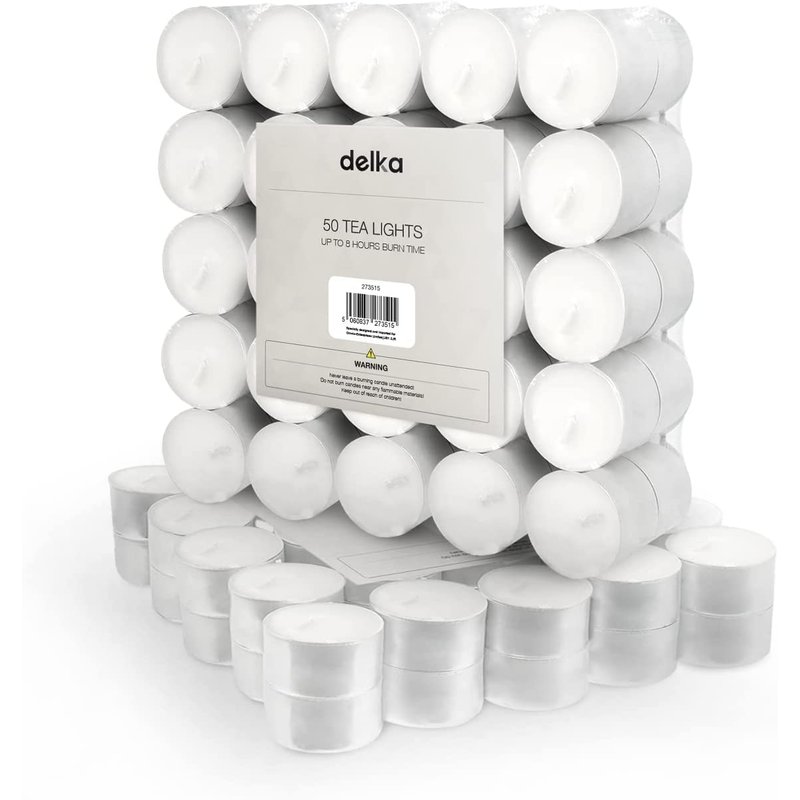 delka Unscented Tea Lights White- Long-Lasting 8 Hour Burn Time-Smoke-Free Bright Flame -Ideal for Weddings, Events, Aromatherapy, Home Décor, and Emergency Use-Premium Quality (White, Pack of 50)