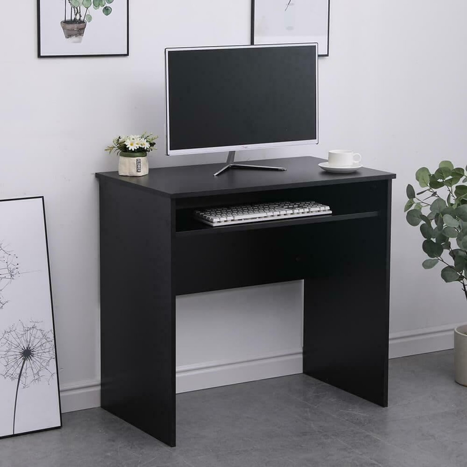 Home Source Compact Computer Office Desk PC Laptop Table, Study Gaming, Black, 80cm