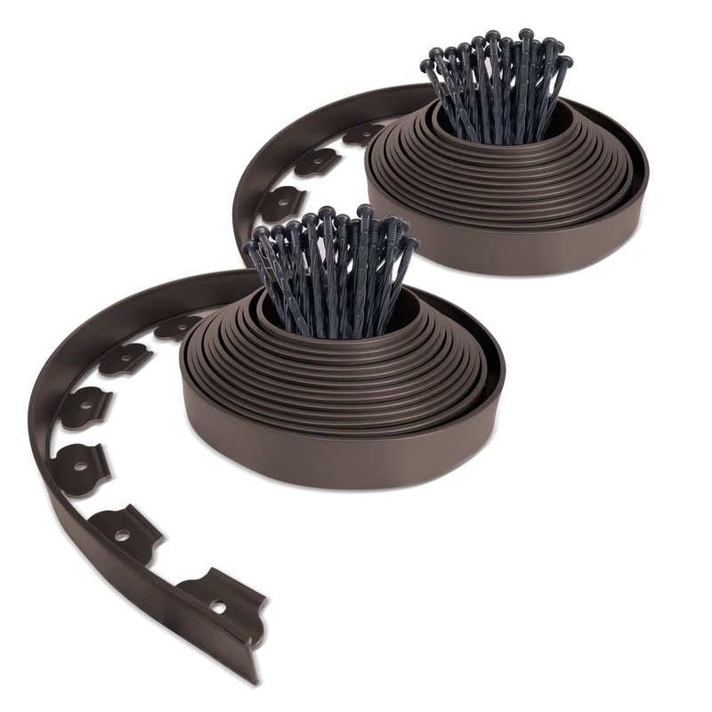 VOUNOT Lawn Edging 20m with 60 Pegs, Flexible Plastic Garden Edging Border Strips for Grass, Flower Beds, Path, Gravel, 5cm High, Brown