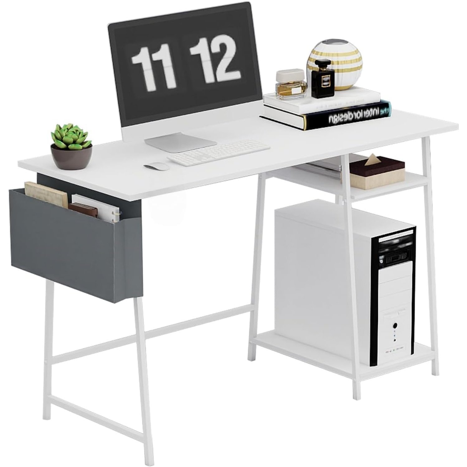 BAKLAM Small Computer Desk, 80cm Bureau de Travail with 2 Tier Shelves, Gaming Study Table, Wood Dressing Desks with Metal Frame, for Bedroom, Livingroom, Office White