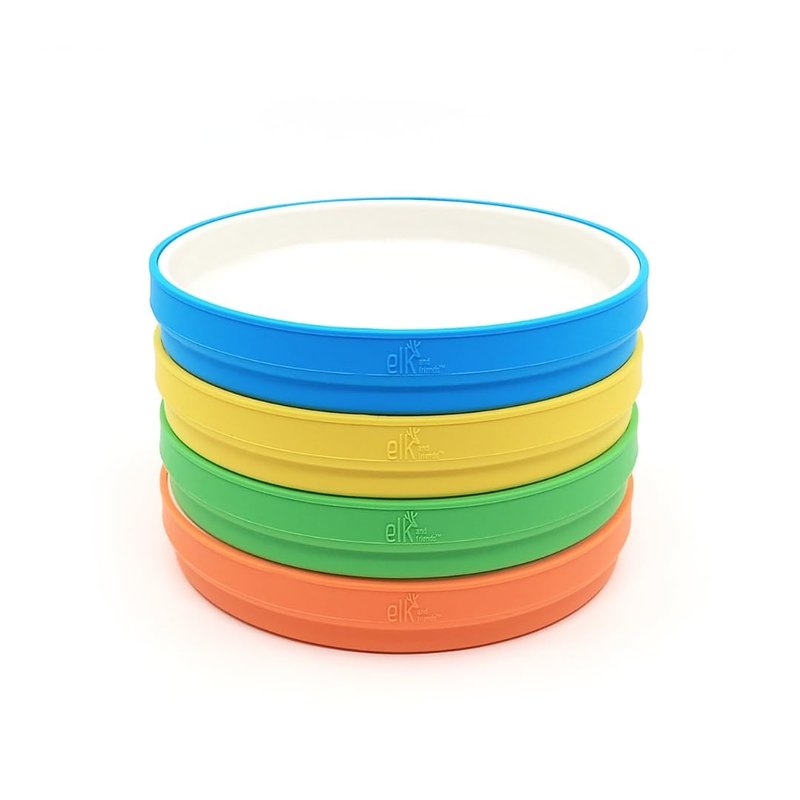Elk and Friends Kids 7.8” Porcelain White Plates with Silicone Sleeves | Suitable for Babies/Toddlers | Microwave & Dishwasher Safe | Non Slip Dinnerware | Snack Dishes | 4 Pack