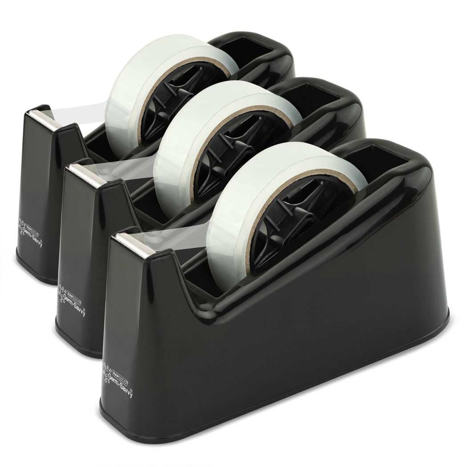 Rapesco 1740 Business Pack: 3 500 Heavy-Duty Tape Dispensers and 3 Clear Tape Rolls, Black