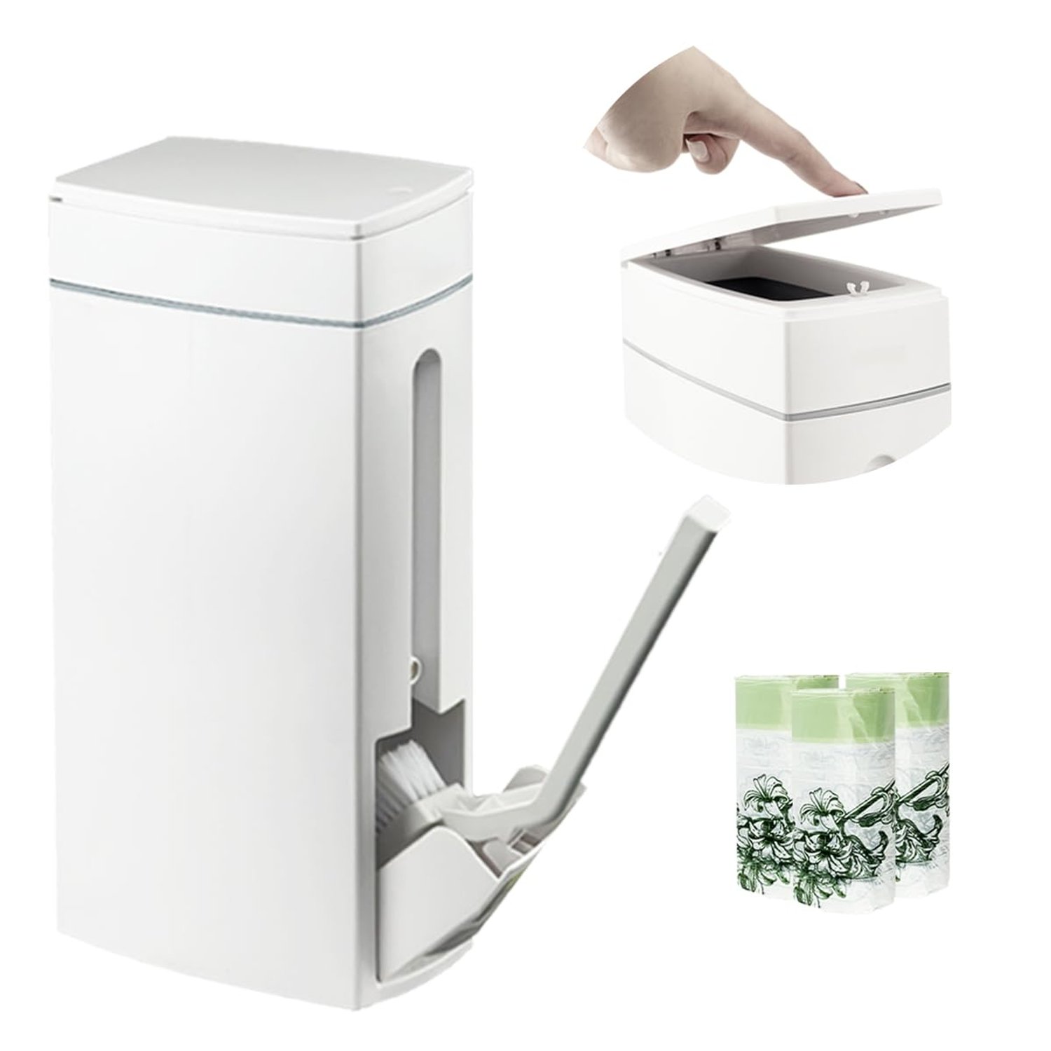 Cococheers Slim Bathroom Bin With Lid,White 4.5 Litre Toilet Bin with Lid Combined with A Toilet Brush,Comes with 60 Garbage Bags,Suitable for Bathrooms,Bedrooms and Other Small Spaces