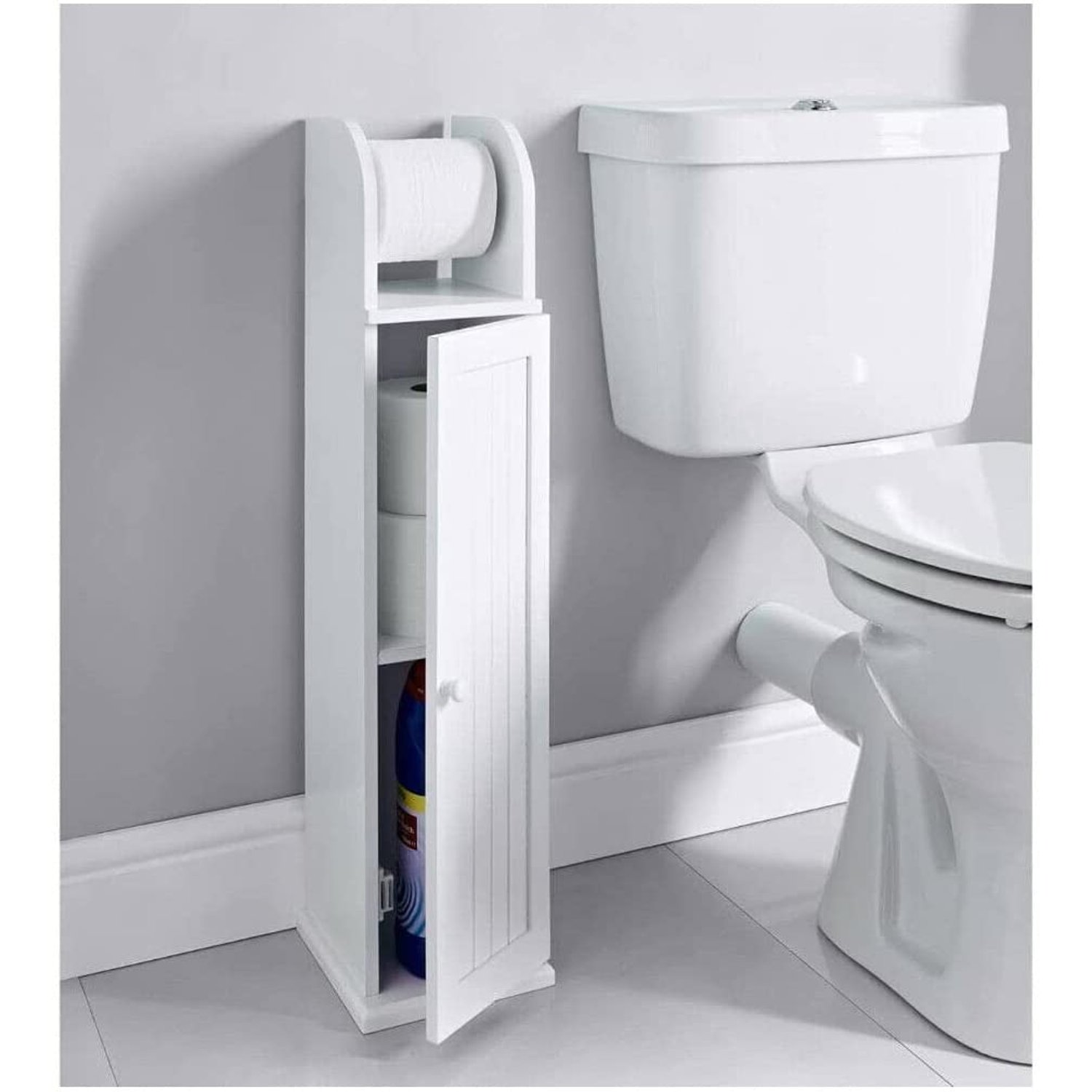 Homme Concept - Free standing white wooden Toilet Paper Roll Holder with Shelf, Bathroom Storage Tissue Organizer