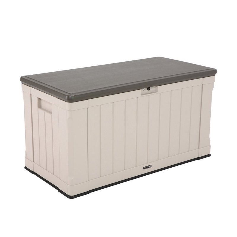 LIFETIME 60186 Heavy-Duty Outdoor Storage Deck Box 439.11 L Outdoor Storage Box, Desert Sand Wood Look, 127.9 x 64 x 67.2 cm