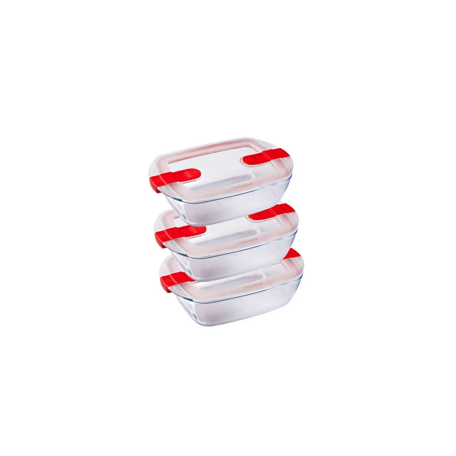 Pyrex Cook & Heat Set of 3 Identical Rectangular Boxes 1.1 L Borosilicate Glass Lunchbox with Special Microwave Hermetic Lid Made in France