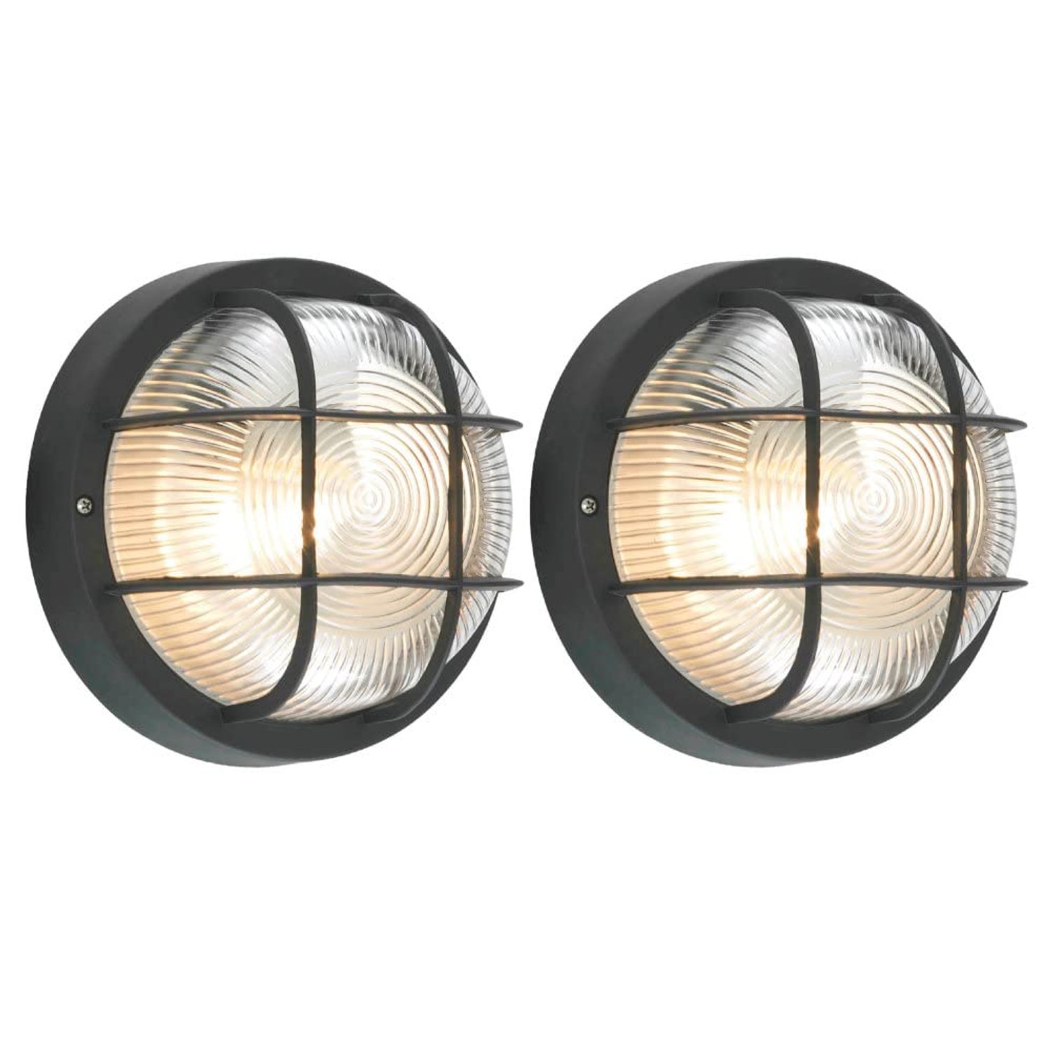 Britalia 2 Pack - Black & Ribbed Glass Outdoor Vintage Round Flush Bulkhead Wall Light | 180mm Diameter | IP44 Rated | 1 x ES E27 Lamp Bulb Required | Bathroom Use | UK Approved