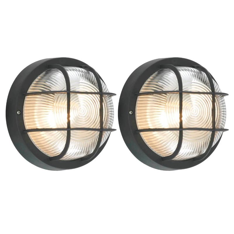 Britalia 2 Pack - Black & Ribbed Glass Outdoor Vintage Round Flush Bulkhead Wall Light | 180mm Diameter | IP44 Rated | 1 x ES E27 Lamp Bulb Required | Bathroom Use | UK Approved