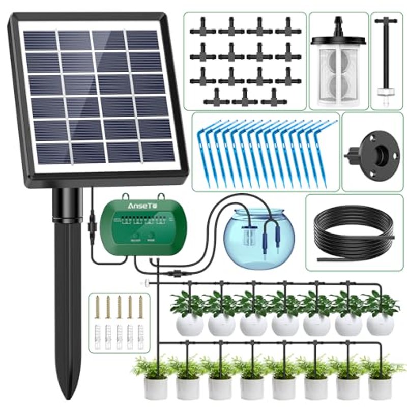 AnseTo Solar Irrigation System,Solar Drip Irrigation Kit with 15 Drippers,Solar Watering System DIY Automatic Watering System for Garden,Plant,Greenhouse,Terrace,Eco-Friendly and Energy-Saving