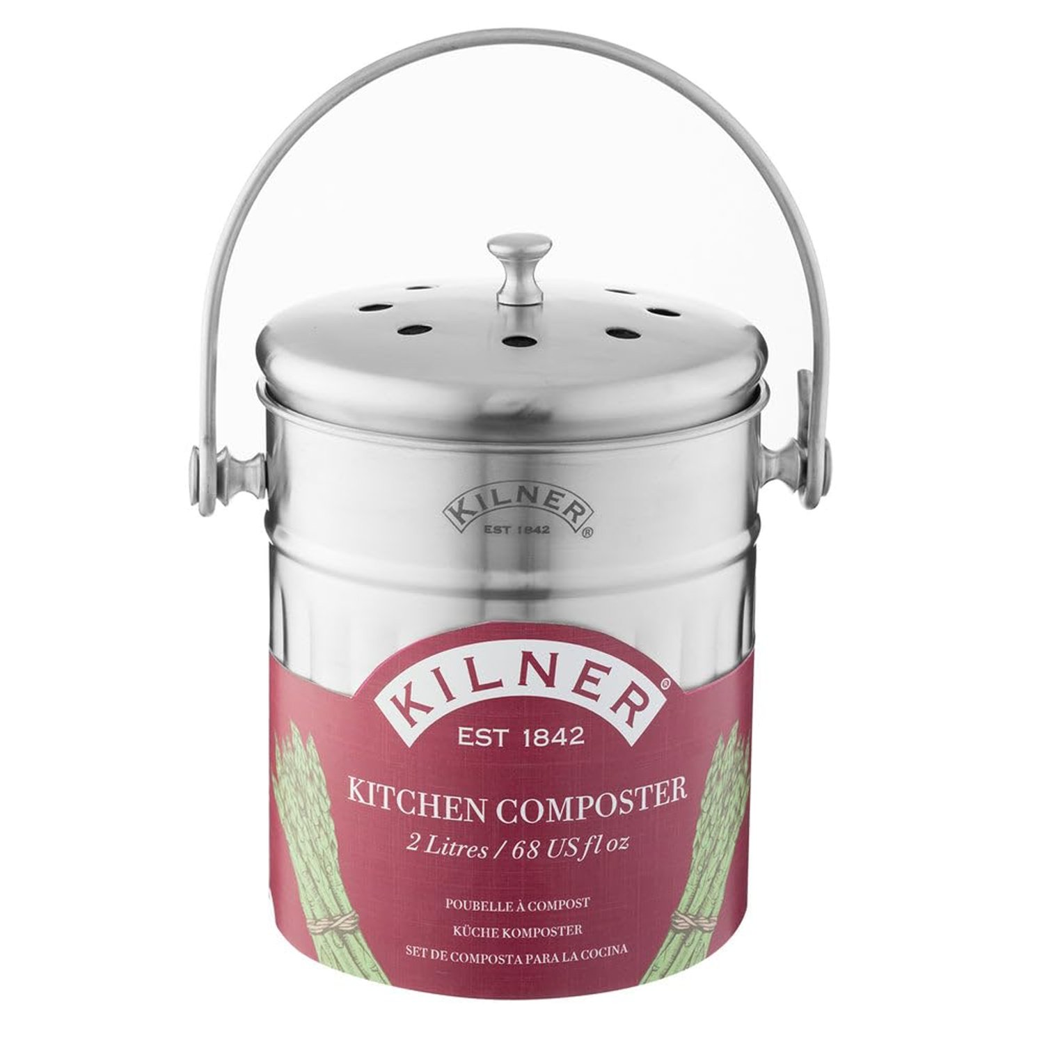 Kilner Stainless Steel Kitchen Composter 2 Litre Capacity with Carbon Filters for Odour Control, Durable & Easy to Clean, Ideal for Compostable Food Waste Storage