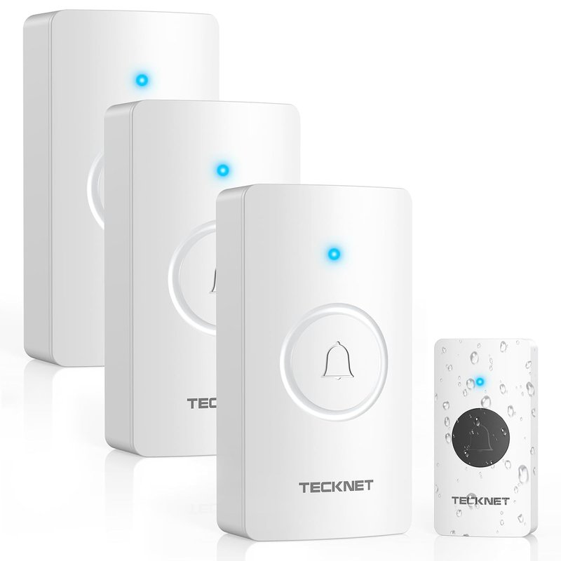 TECKNET Wireless Doorbell Battery with 3 Receivers, 4.5 Year Battery Life Cordless Door Chime Kit, 1312 ft Long Range, IP65 Waterproof Door Bell, 60 Melodies & 5-Level Volume, LED Flash, No Plug