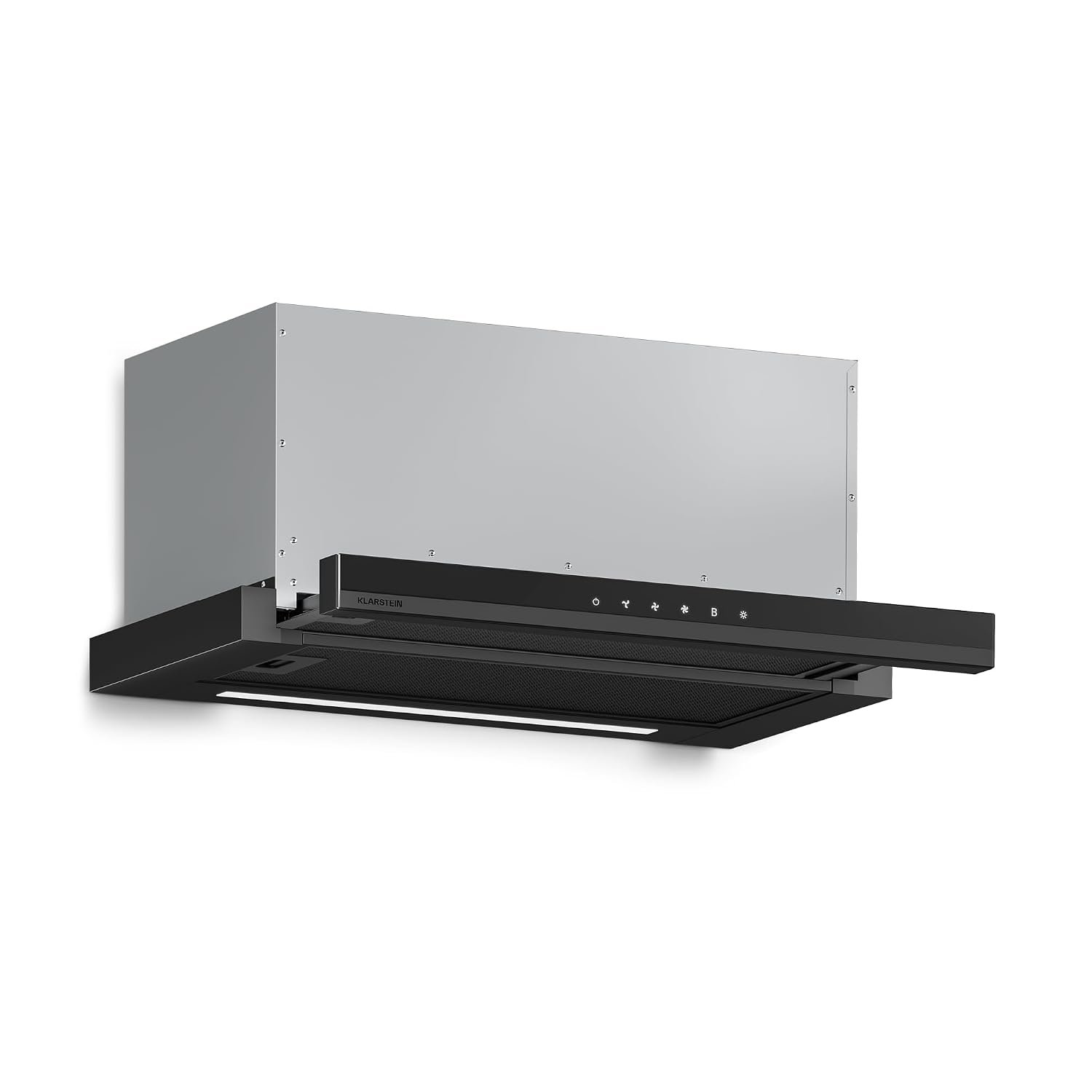 Klarstein Velaire Cooker Hood, 60cm Telescopic Kitchen Hood with Touch Control, 896 m³/h Airflow, Energy Class A++, Quiet DC Motor, LED Lighting, Carbon Filters, Matte & Glossy Design, Black