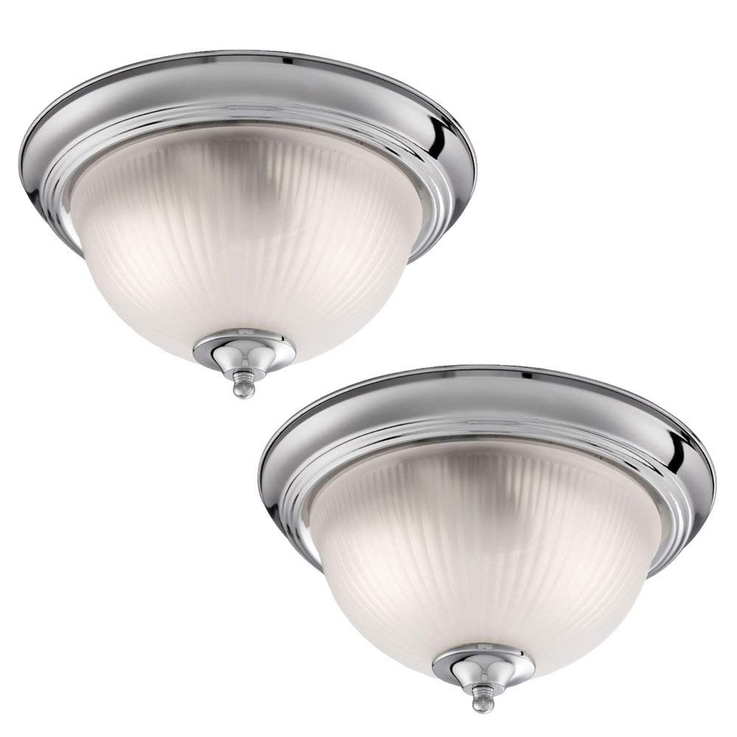 Britalia 2 Pack - Polished Chrome & Frosted Ribbed Glass Bathroom Vintage Round Flush Ceiling Light 290mm | 2 x E14 SES Lamp Bulbs Required (Not Included) | IP44 Rated | Suitable for Outdoor Use