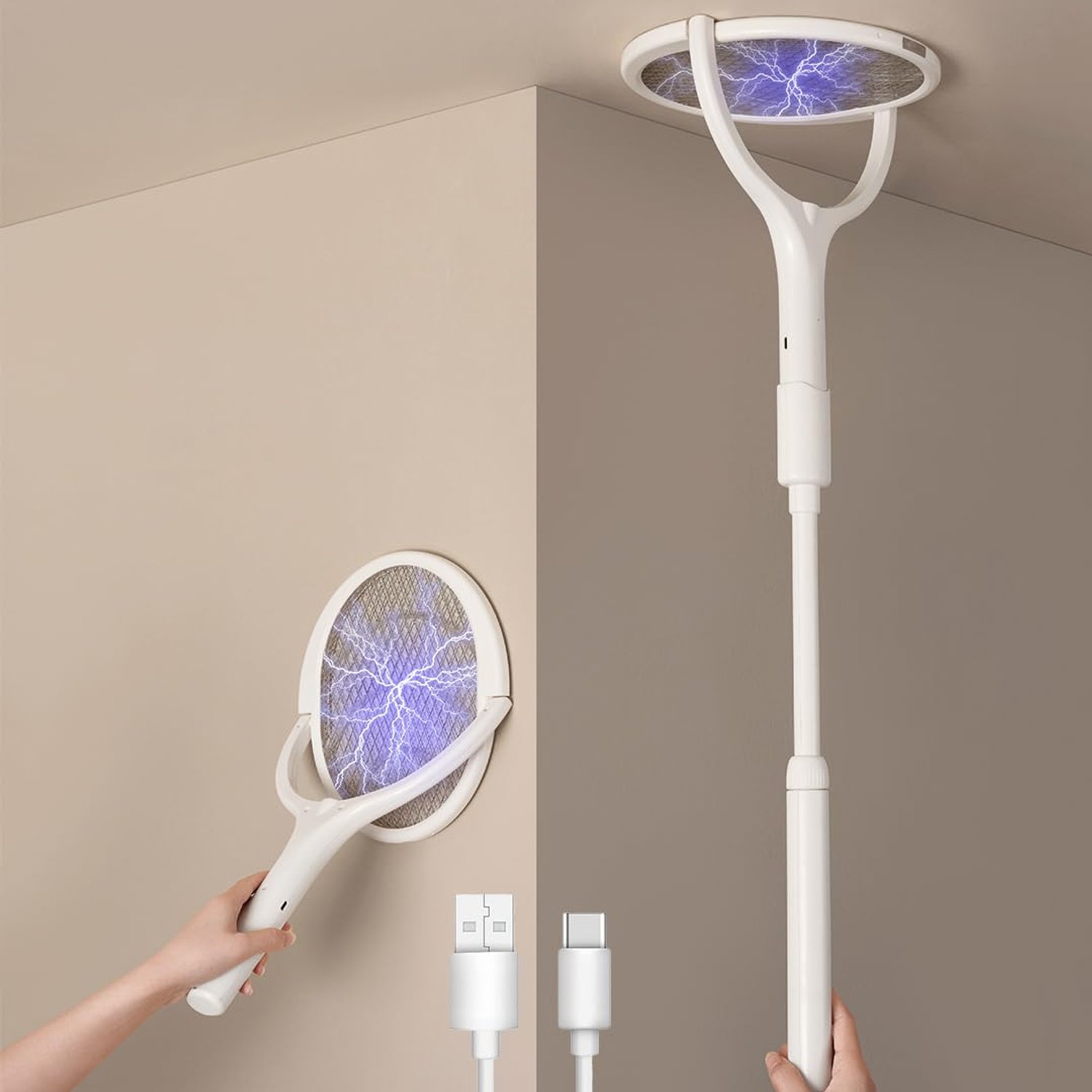 2-Pack GeckoMan Rotating Head Electric Fly Zapper Electric Fly Swatter Racket Rechargeable Flies Killer Spider Catcher Mosquito Bug Zapper Indoor UK, with 2 Telescopic Extensions