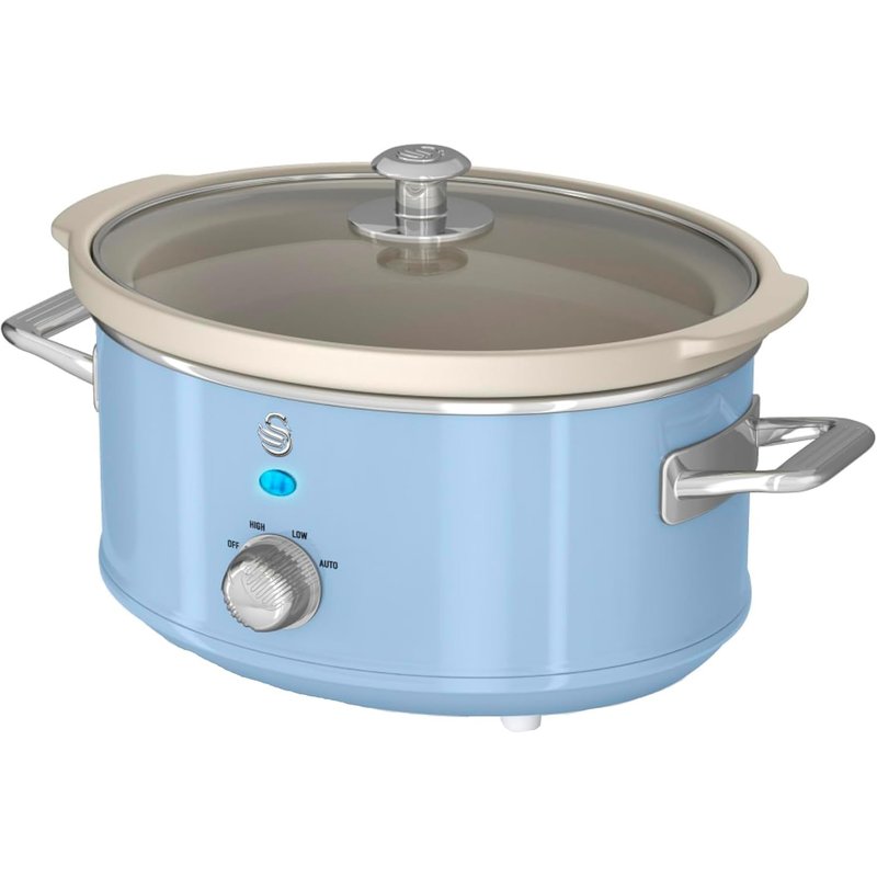 Swan Retro Slow Cooker with 3 Temperature Settings, Removable Dishwasher Safe Ceramic Pot and Glass Lid, 3.5L, Blue, SF17021BLN