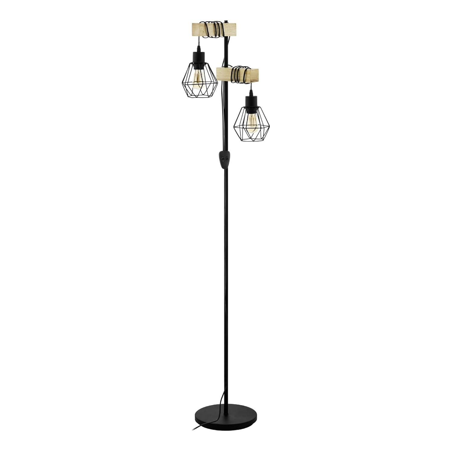Eglo Floor lamp Townshend 5, 2-Light Vintage Standing lamp, Industrial Design floorlamp, Living Room Lighting Made of Black Metal and Natural Wood, FSC, E27 Socket