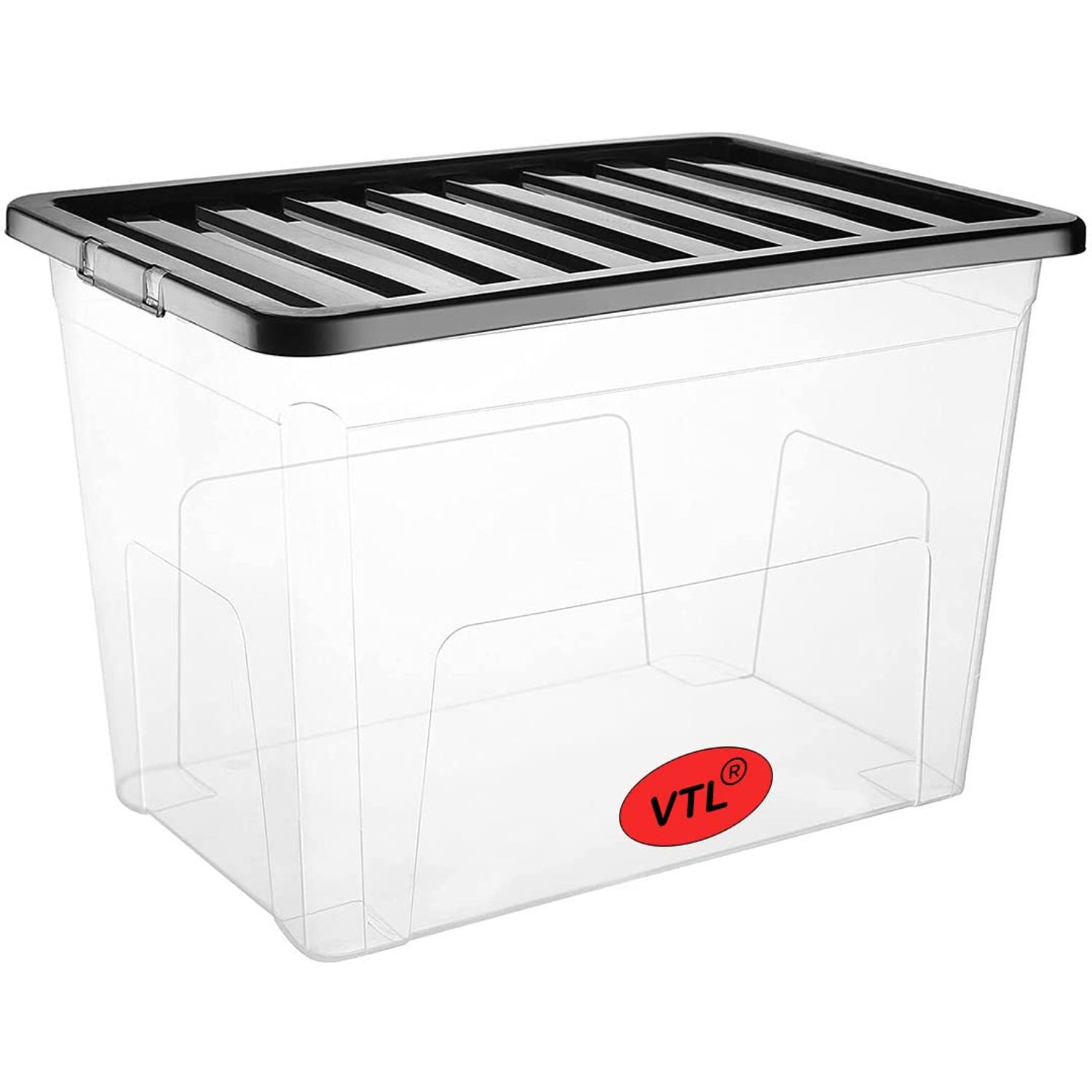 VTL 5 x 80L 80 Litre X Large Plastic Storage Clear Box Strong Stackable Container Black Lid (Pack of 5) MADE IN UK