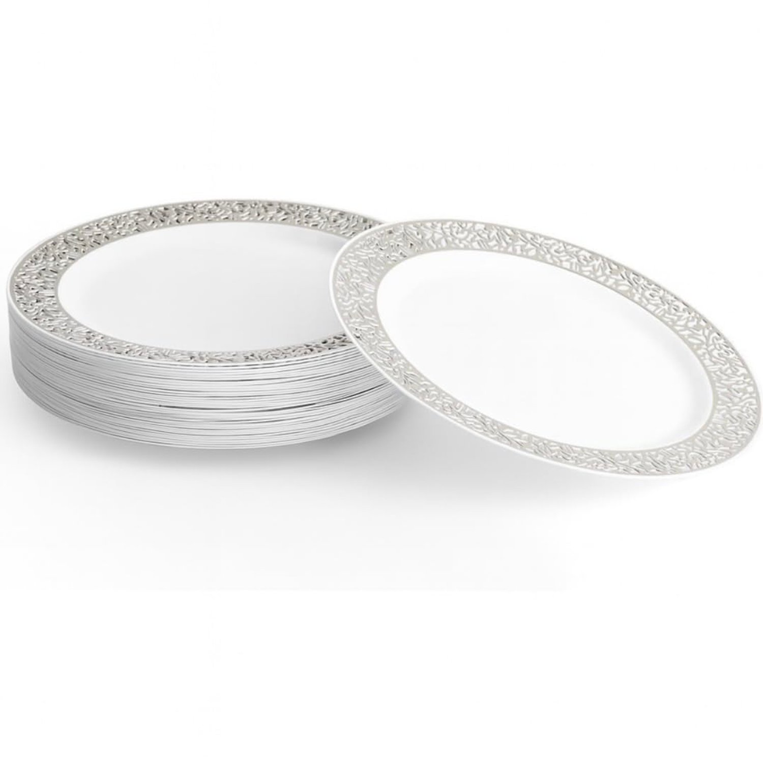 MATANA 40 Premium White Plastic Dinner Plates with Silver Lace Rim, 26cm / 10 Inch - Elegant & Reusable Party Tableware for Weddings, Birthdays, Picnic, BBQ, Parties
