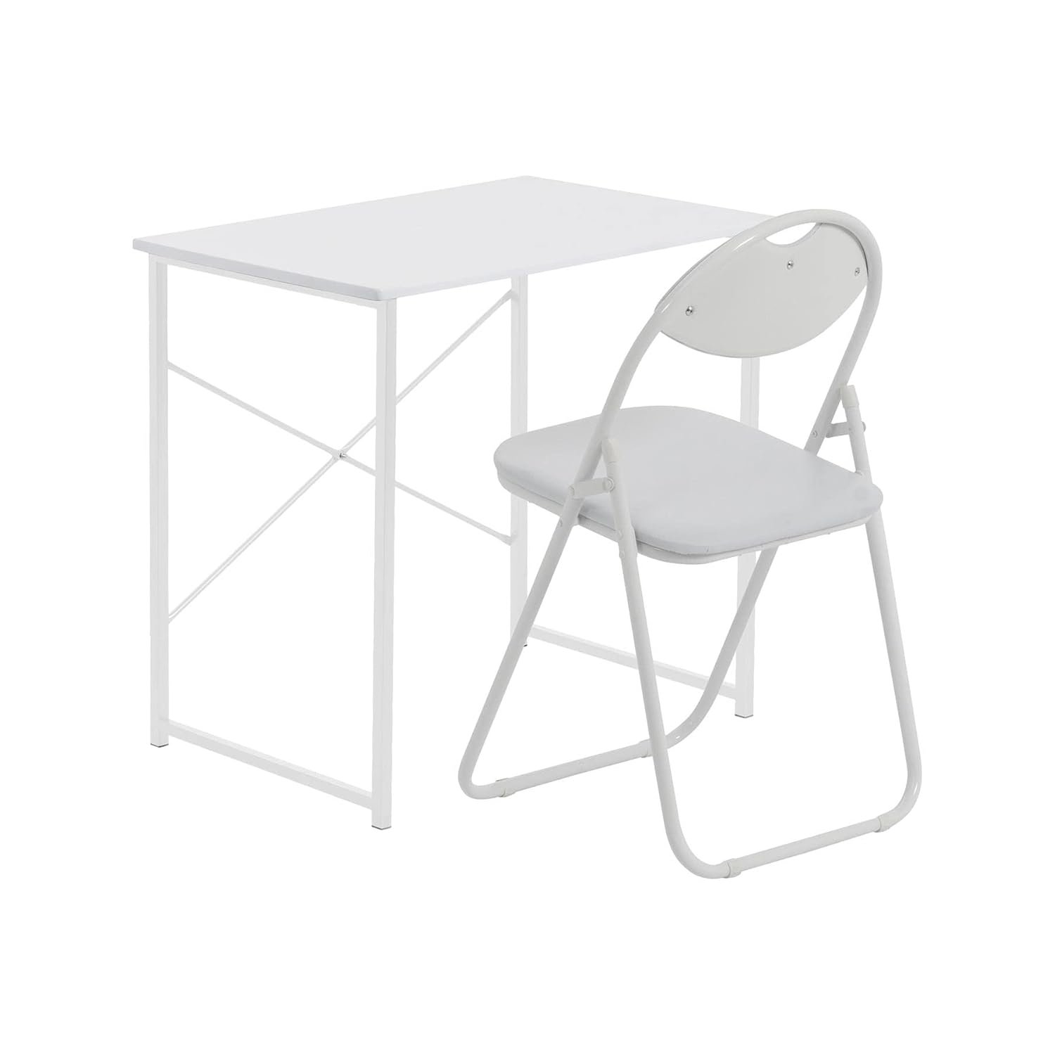 Harbour Housewares Wooden Office Desk & Chair Set - 80cm - White/White - PC Computer Workstation Contemporary Laptop Durable Tubular Steel Compact Wooden Desk and Folding Chair for Study, Offices